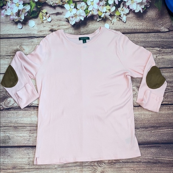 ❤️Ralph Lauren Light Pink Knit Top with Brown Elbow Patches - Picture 3 of 11
